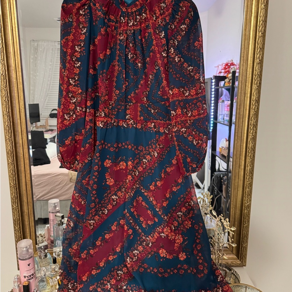Julia Jordan Red and Blue Floral Long Sleeve Dress